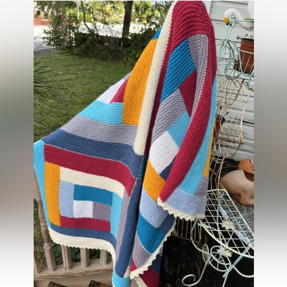 Log Cabin Stripe Afghan Throw Blanket 44” X 66” Knit Crochet Handmade Vintage